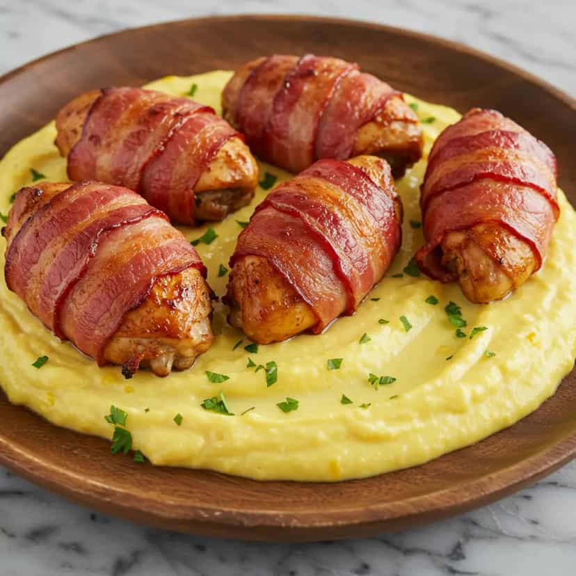 Foto deliciosa de Frango com Bacon ao Molho Cremoso de Queijo e Milho pronta para servir - Carnes & Frango