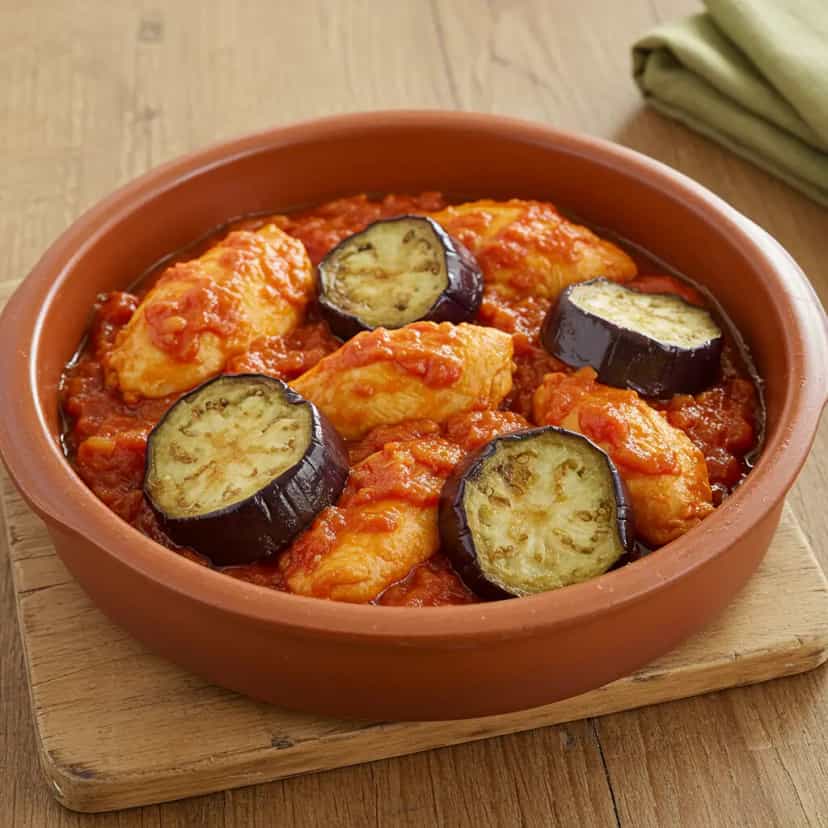 Foto deliciosa de Frango com Berinjela ao Molho de Tomate pronta para servir - Carnes & Frango