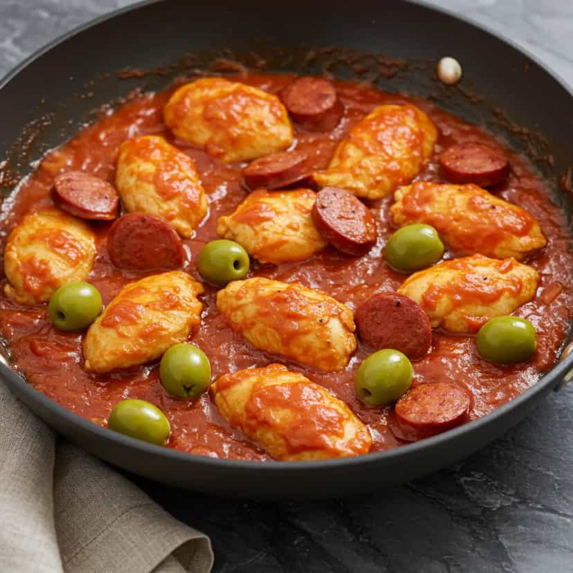 Foto deliciosa de Frango com Calabresa e Azeitonas ao Molho de Tomate pronta para servir - Carnes & Frango