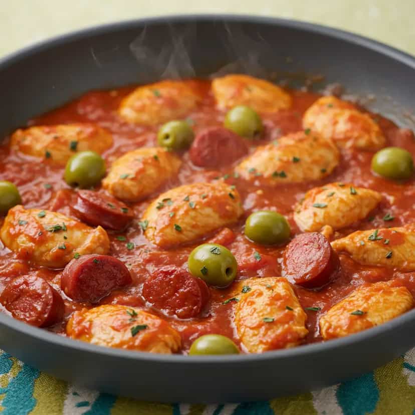 Foto deliciosa de Frango com Linguiça Calabresa e Azeitonas pronta para servir - Carnes & Frango