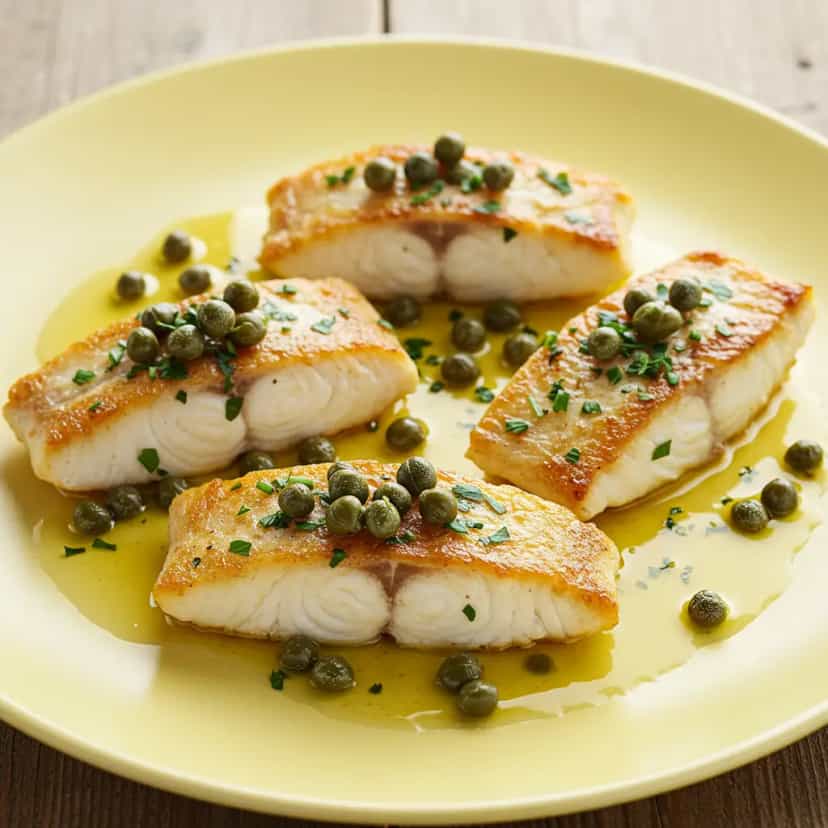 Foto deliciosa de Garoupa Assada ao Molho de Alcaparras pronta para servir - Peixes & Frutos do Mar