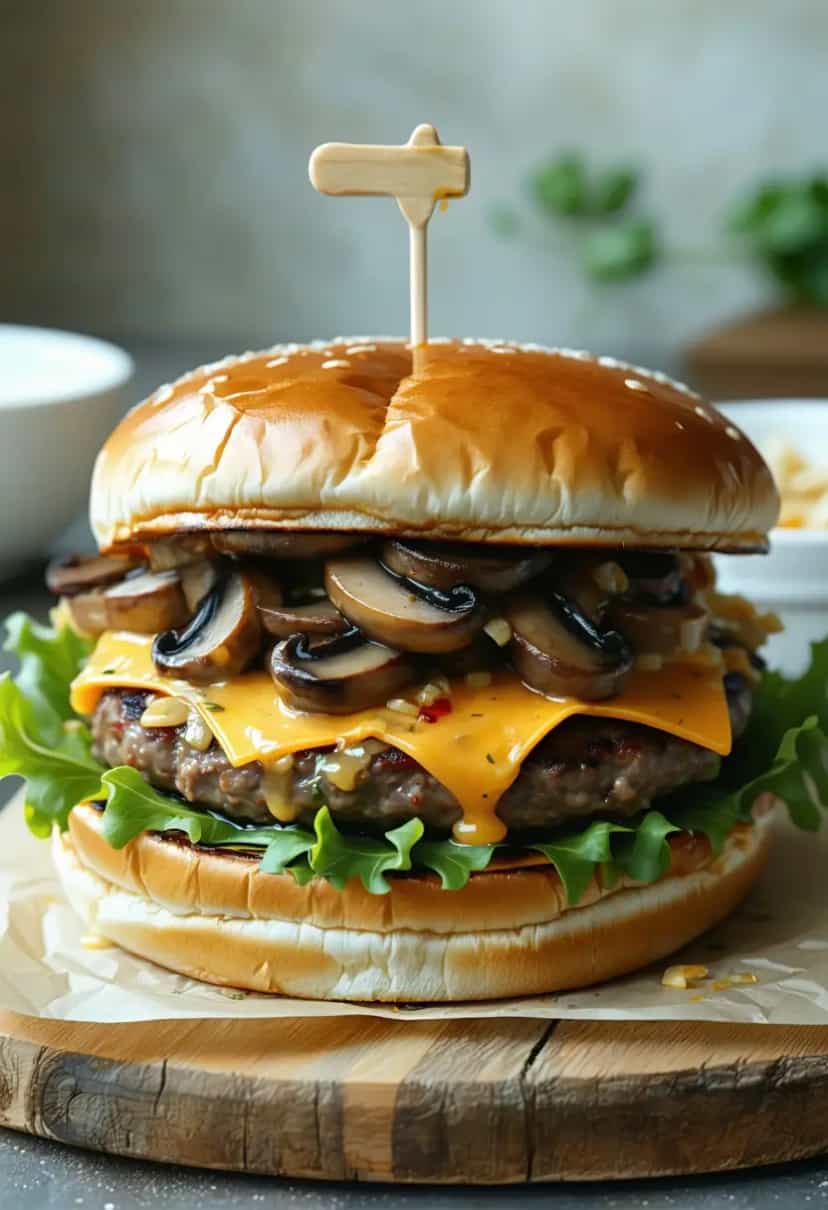 Foto deliciosa de Hambúrguer Gourmet de Cogumelos Swiss pronta para servir - Sanduíches & Hambúrgueres