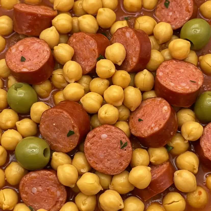 Foto deliciosa de Grão de Bico com Linguiça Calabresa pronta para servir - Pratos Brasileiros Icônicos