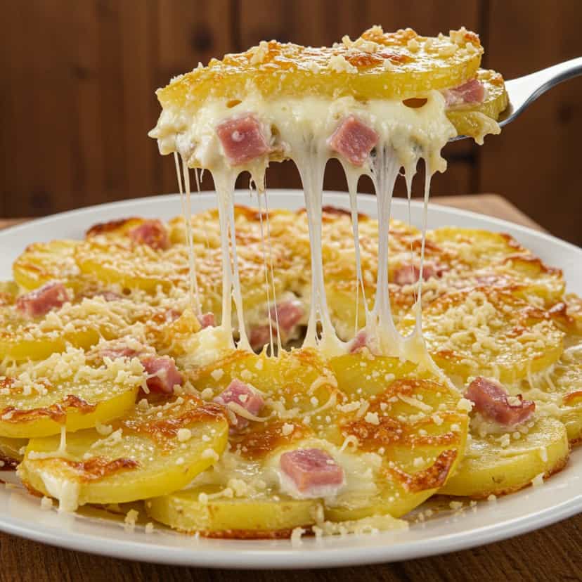 Foto deliciosa de Gratinado de batata com presunto e queijo pronta para servir - Almoço & Jantar
