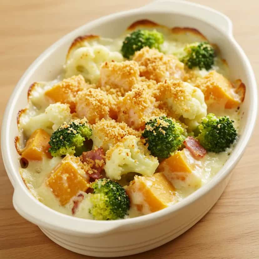 Foto deliciosa de Gratinado de Batata-Doce com Couve-Flor, Brócolis e Bacon pronta para servir - Almoço & Jantar