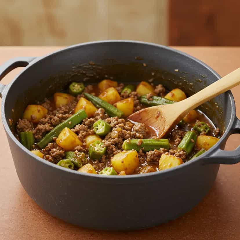 Foto deliciosa de Guisado de Carne Moída com Quiabo e Batata pronta para servir - Carnes & Frango