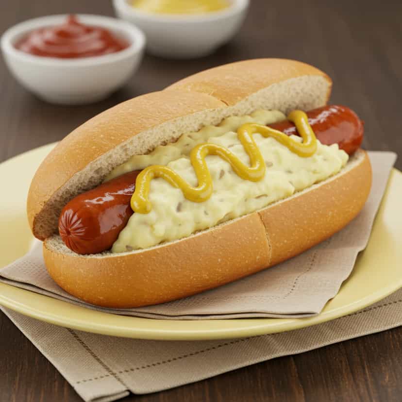 Foto deliciosa de Hot Dog Cremoso com Purê de Batata pronta para servir - Sanduíches & Hambúrgueres