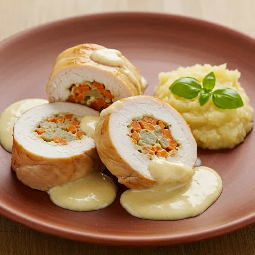 Foto deliciosa de Involtini de Frango com Molho Branco e Purê de Maçã pronta para servir - Carnes & Frango