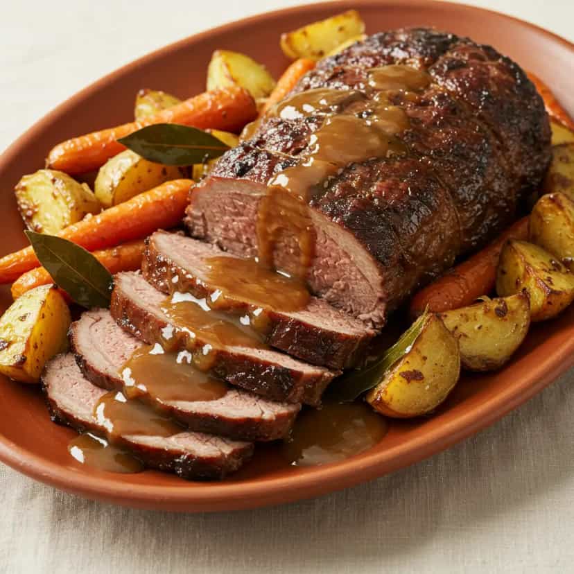 Foto deliciosa de Lagarto assado ao molho de cerveja preta pronta para servir - Carnes & Frango