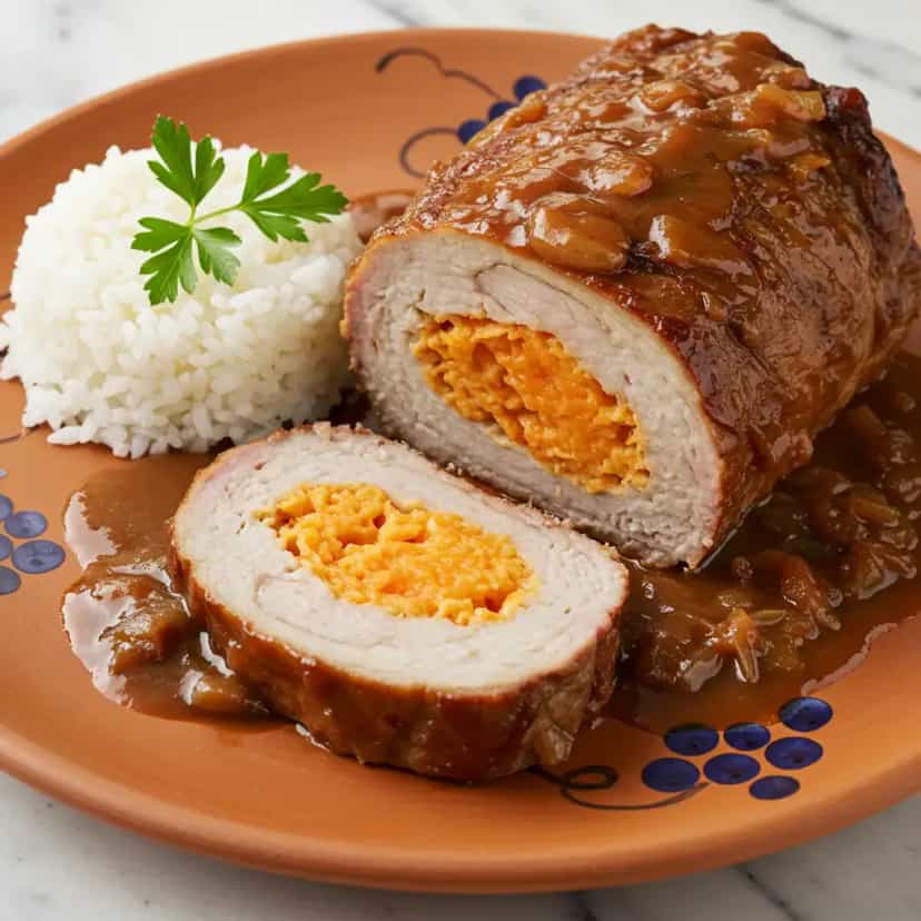Foto deliciosa de Lagarto Recheado ao Molho Madeira pronta para servir - Carnes & Frango