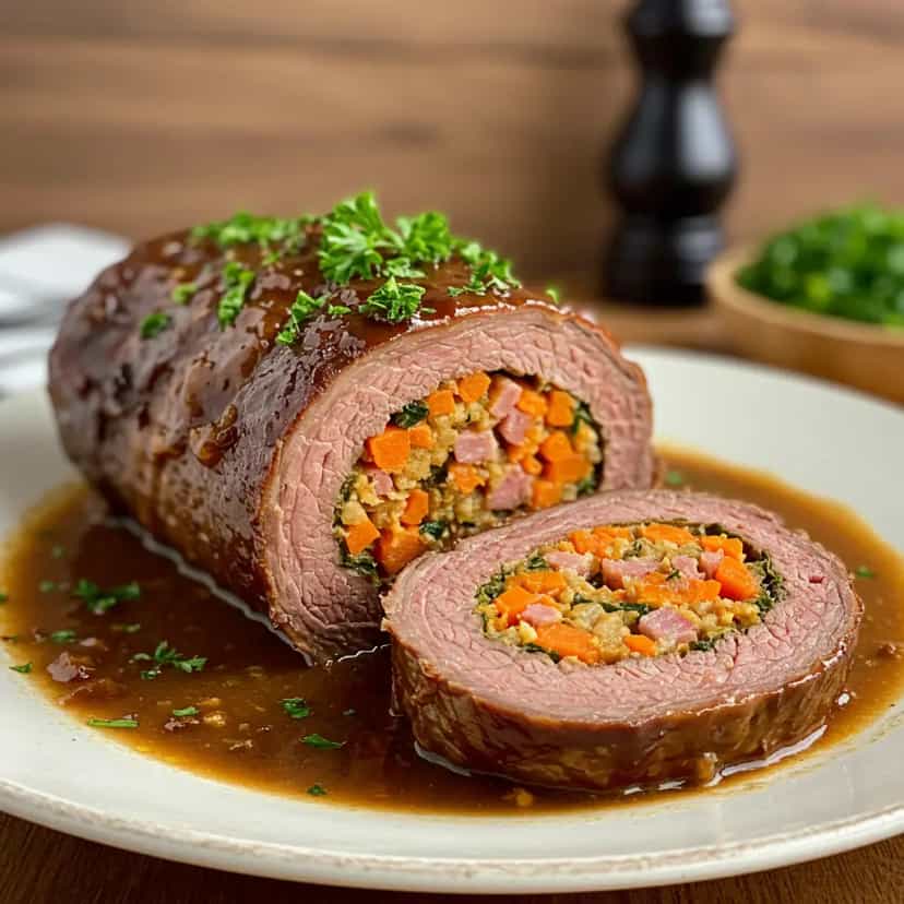 Foto deliciosa de Lagarto recheado ao molho madeira pronta para servir - Carnes & Frango