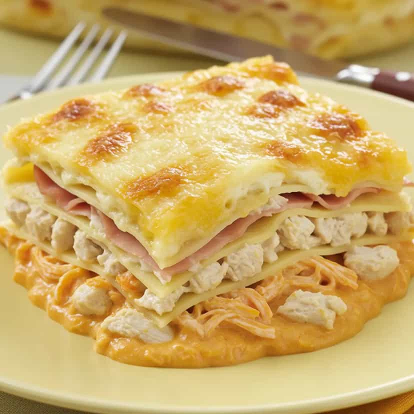 Foto deliciosa de Lasanha Cremosa de Frango pronta para servir - Massas & Macarrão
