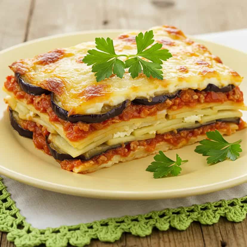 Foto deliciosa de Lasanha de Berinjela e Abobrinha ao Molho de Atum pronta para servir - Massas & Macarrão