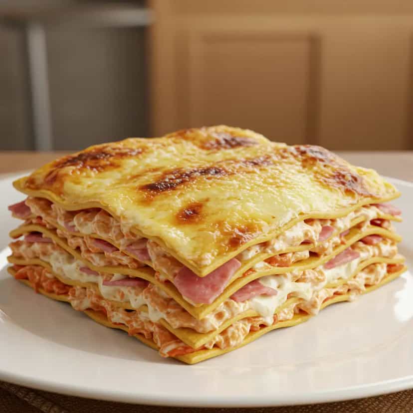 Foto deliciosa de Lasanha de frango com requeijão, queijo e presunto pronta para servir - Massas & Macarrão