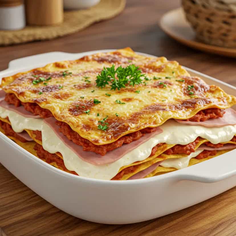 Foto deliciosa de Lasanha de presunto e queijo pronta para servir - Massas & Macarrão