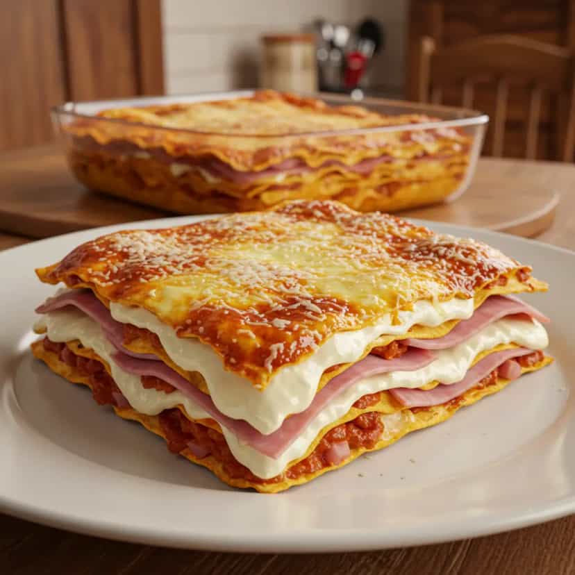 Foto deliciosa de Lasanha simples presunto e queijo pronta para servir - Massas & Macarrão