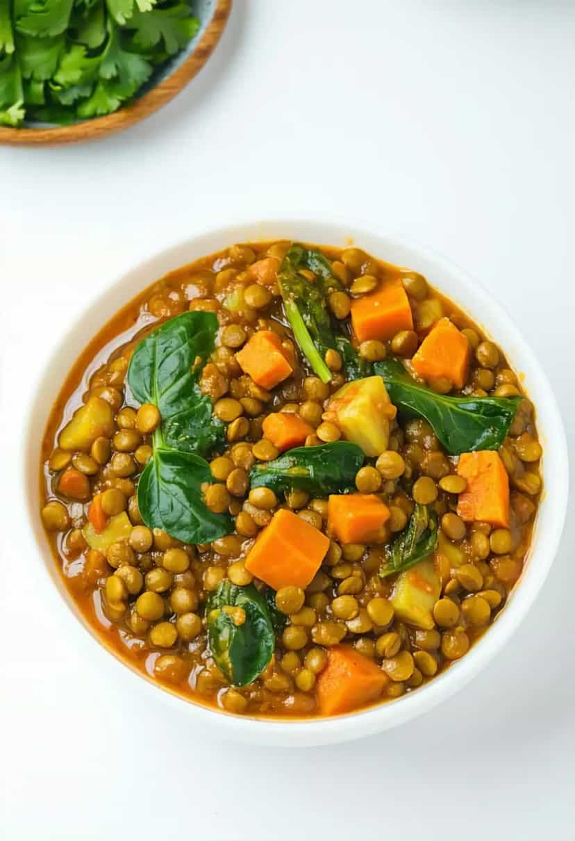 Foto deliciosa de Curry Vegan de Lentilha e Legumes pronta para servir - Veganas