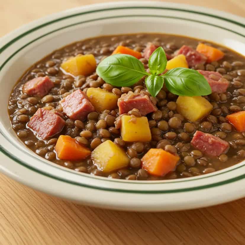 Foto deliciosa de Lentilha da Virada com Calabresa e Bacon pronta para servir - Pratos Brasileiros Icônicos
