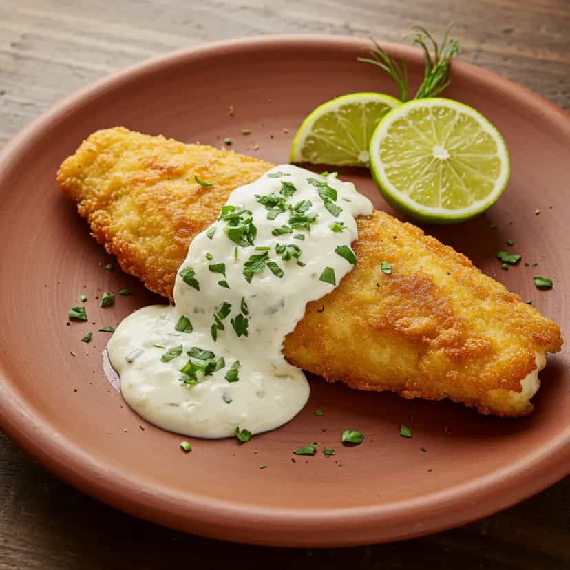 Foto deliciosa de Linguado à Dorê com Molho Branco Cremoso pronta para servir - Peixes & Frutos do Mar