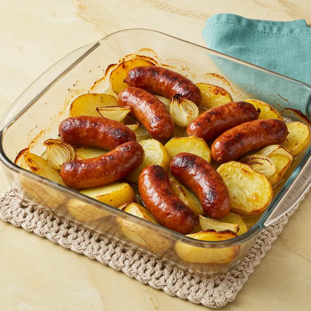 Linguiça Assada com Batata e Cebola