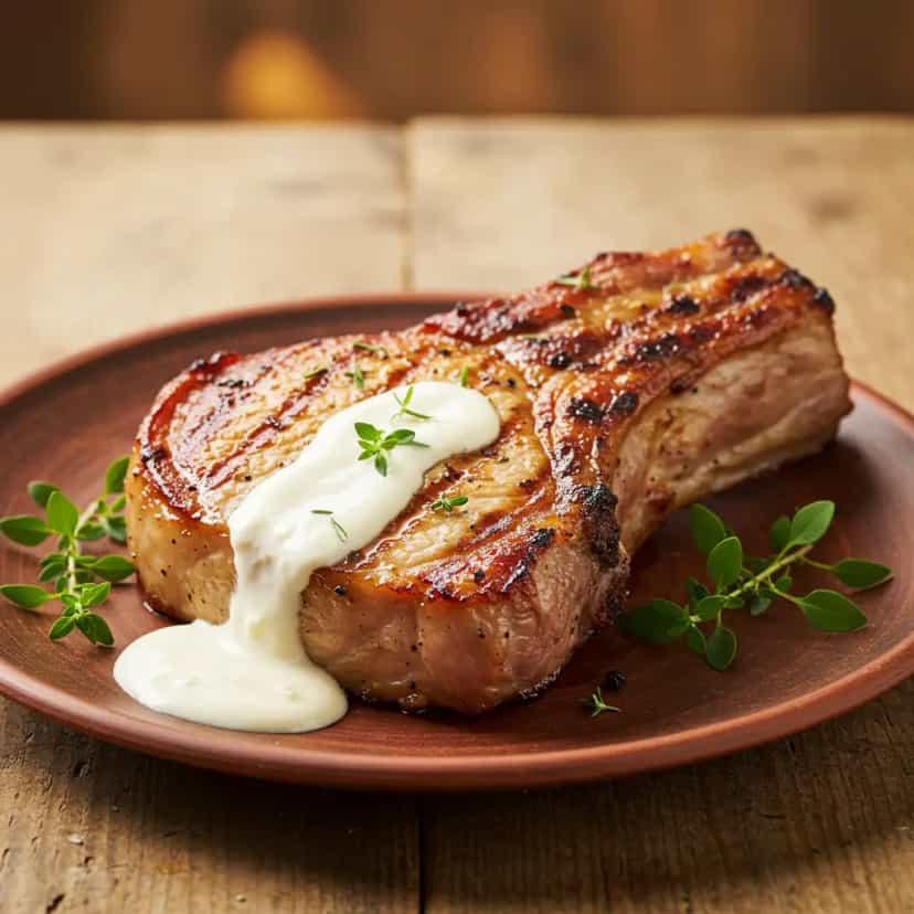 Foto deliciosa de Lombinho de Porco Grelhado com Molho de Vinho Branco pronta para servir - Carnes & Frango