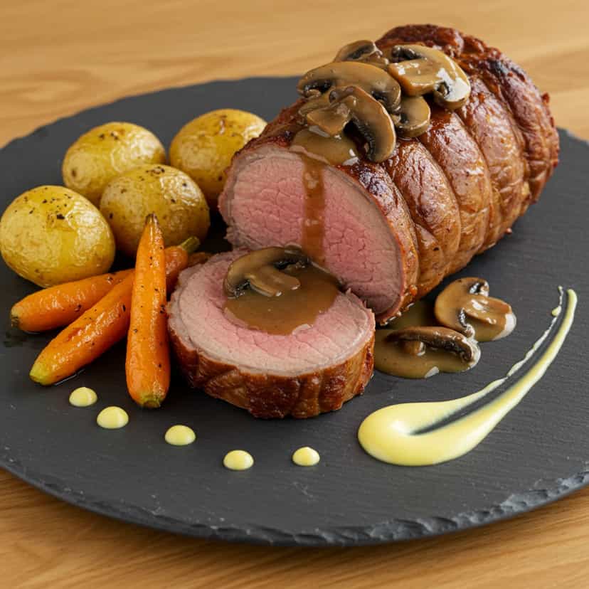 Foto deliciosa de Lombo de Porco Recheado ao Molho Madeira pronta para servir - Carnes & Frango