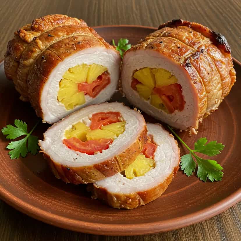 Foto deliciosa de Lombo de Porco Recheado com Abacaxi e Tomate pronta para servir - Carnes & Frango
