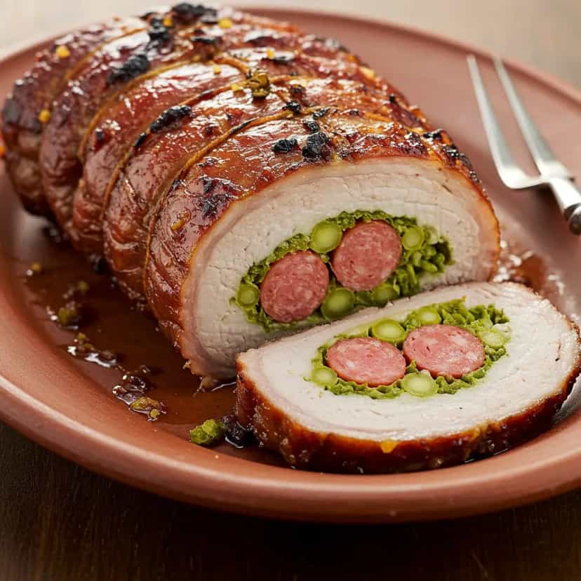 Foto deliciosa de Lombo de Porco Recheado com Calabresa e Azeitonas pronta para servir - Carnes & Frango