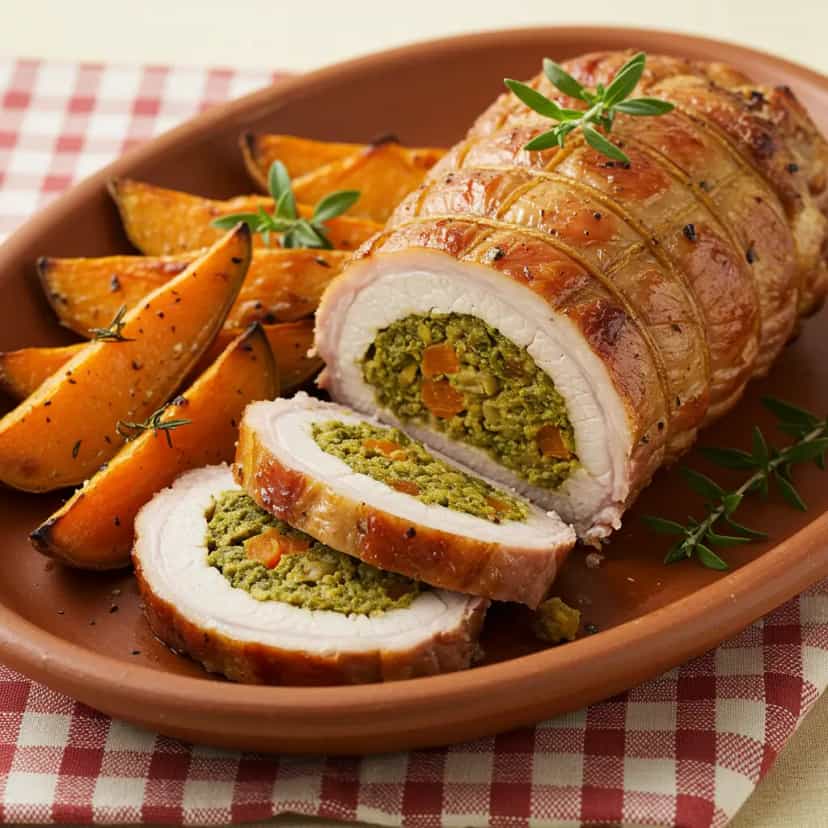Foto deliciosa de Lombo de Porco Recheado com Damasco, Ameixa e Couve pronta para servir - Carnes & Frango