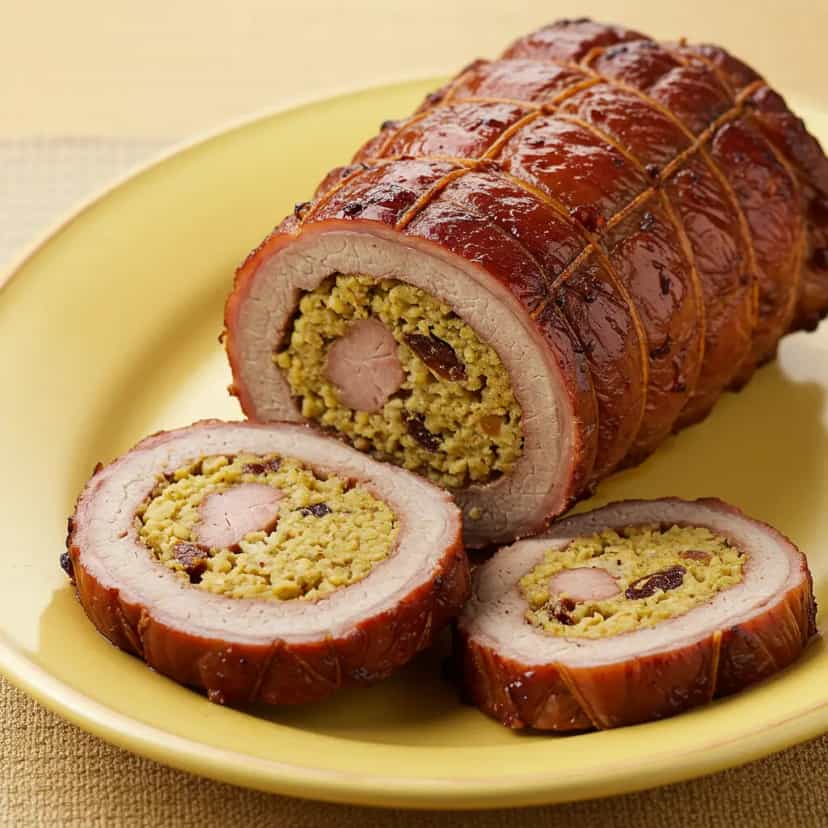 Foto deliciosa de Lombo de Porco Recheado com Molho de Ameixa e Amêndoas pronta para servir - Carnes & Frango