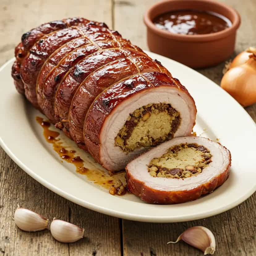 Foto deliciosa de Lombo de Porco Recheado com Molho de Ameixa e Amêndoas pronta para servir - Carnes & Frango