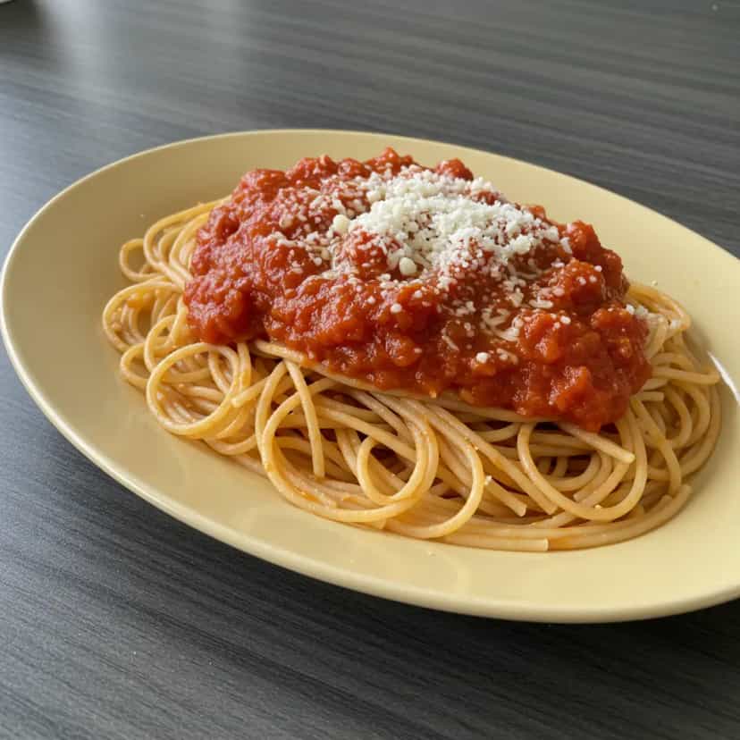 Foto deliciosa de Macarrão ao Alho e Óleo com Molho de Tomate pronta para servir - Outras Receitas