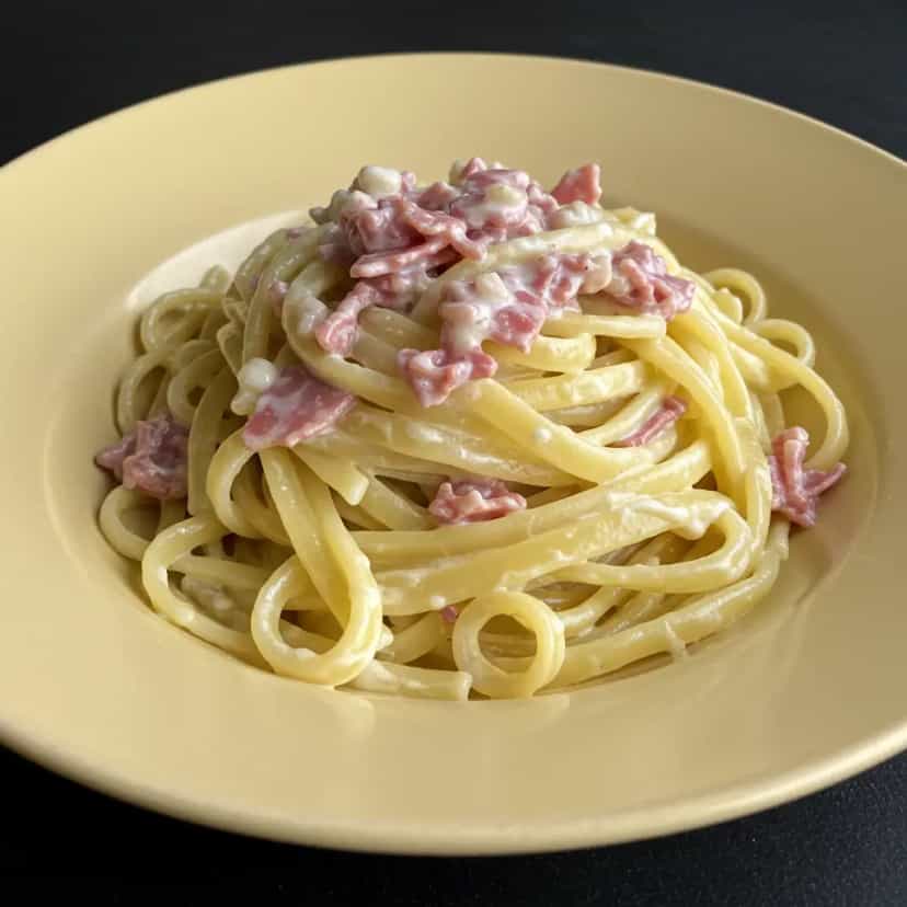 Foto deliciosa de Macarrão ao Molho Branco com Bacon e Calabresa pronta para servir - Massas & Macarrão