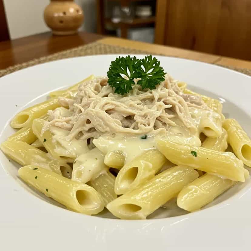 Foto deliciosa de Macarrão ao molho branco e frango desfiado pronta para servir - Massas & Macarrão