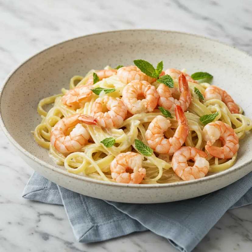 Macarrão com Camarão ao Molho Branco Cremoso