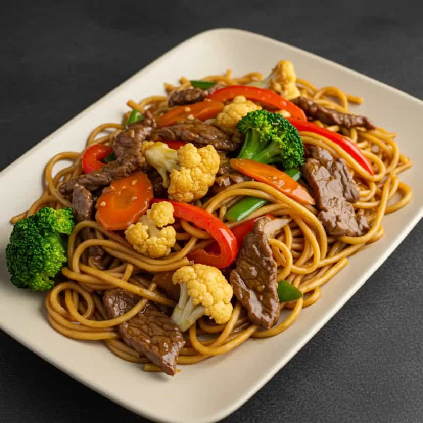 Foto deliciosa de Macarrão com Carne e Legumes ao Molho Shoyu pronta para servir - Massas & Macarrão