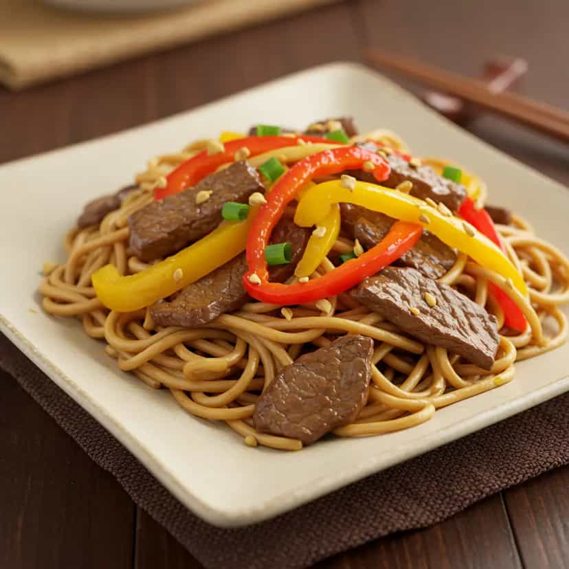 Foto deliciosa de Macarrão com Lombinho de Porco ao Molho de Shoyu pronta para servir - Outras Receitas