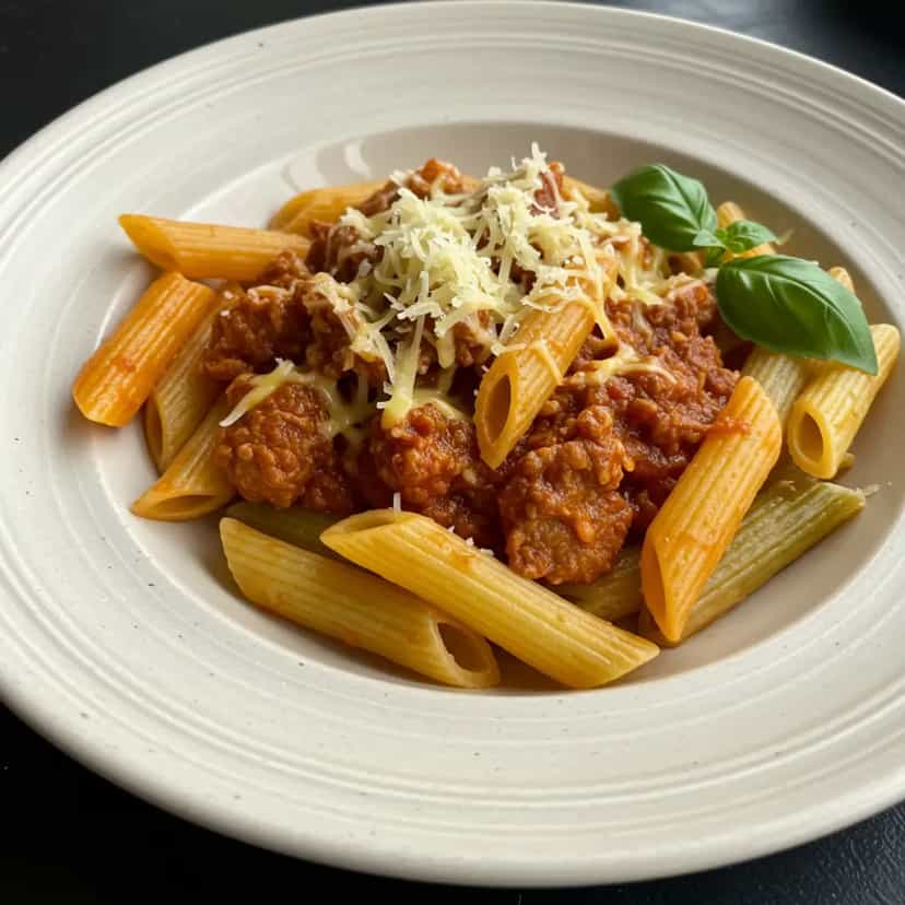 Foto deliciosa de Macarrão Pene Colorido com Molho de Filé Mignon pronta para servir - Massas & Macarrão