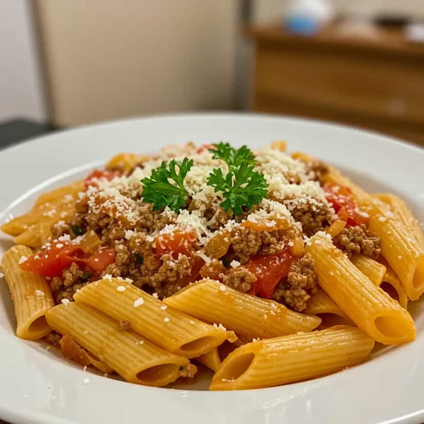 Foto deliciosa de Macarronada com molho vermelho com carne moída pronta para servir - Massas & Macarrão