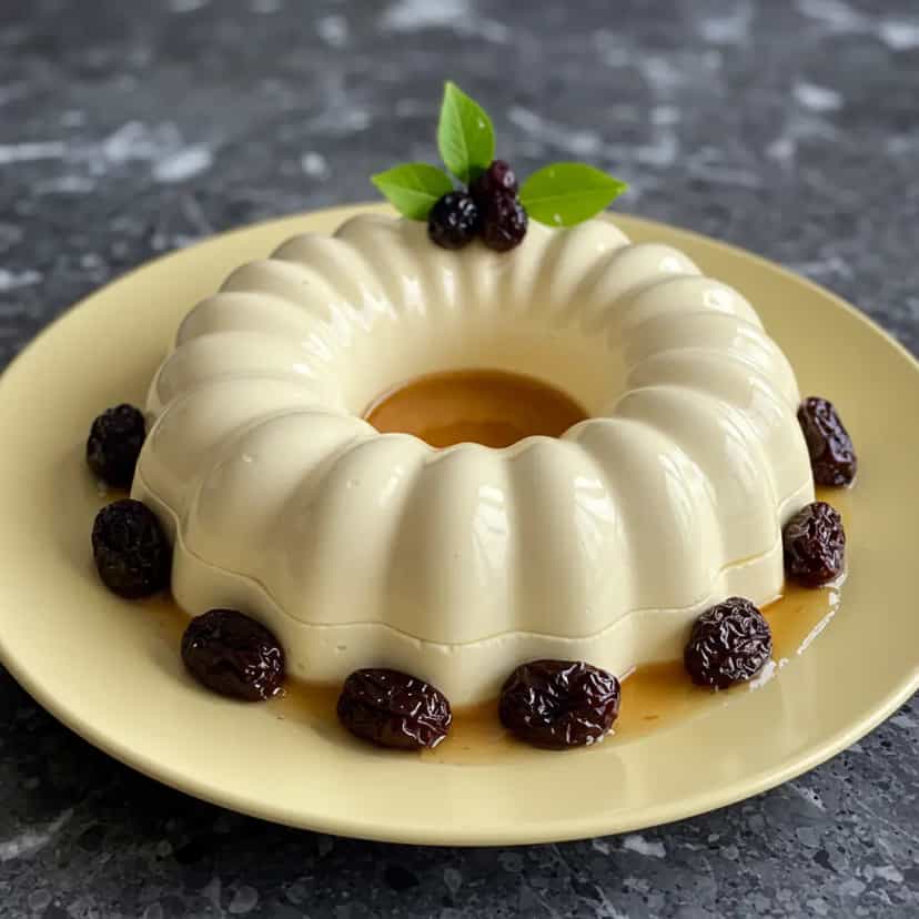 Foto deliciosa de Manjar Branco Cremoso com Calda de Ameixa Preta pronta para servir - Pudins & Cremes