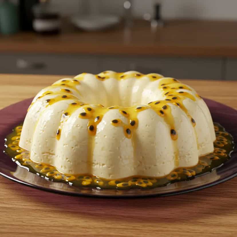 Foto deliciosa de Manjar Branco Cremoso com Calda de Maracujá pronta para servir - Pudins & Cremes