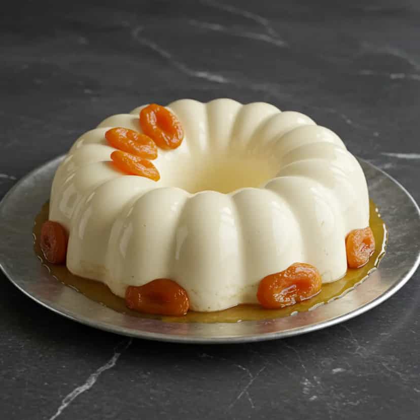 Foto deliciosa de Manjar de Coco com Calda de Damasco pronta para servir - Pudins & Cremes