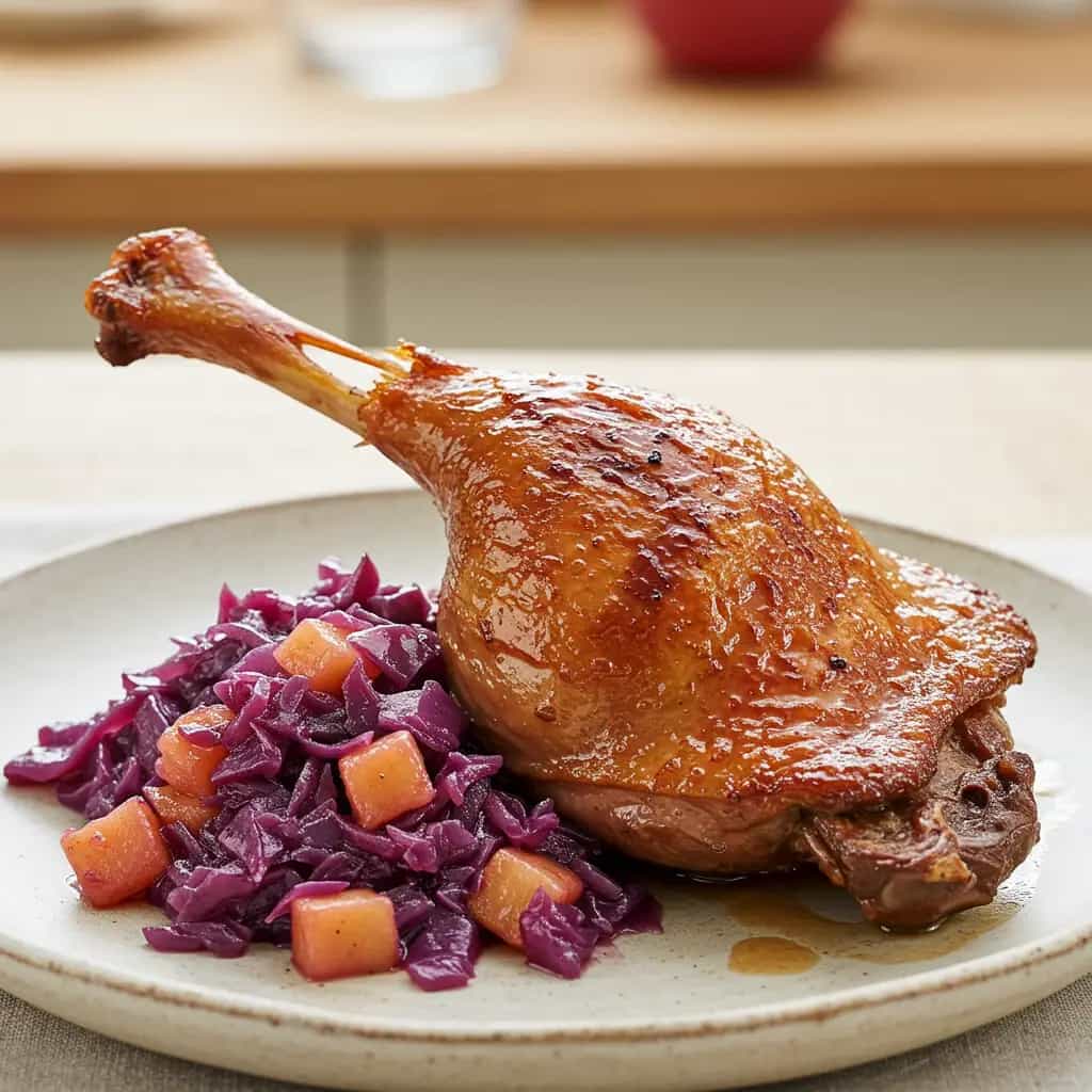 Marreco assado com repolho roxo e maçã