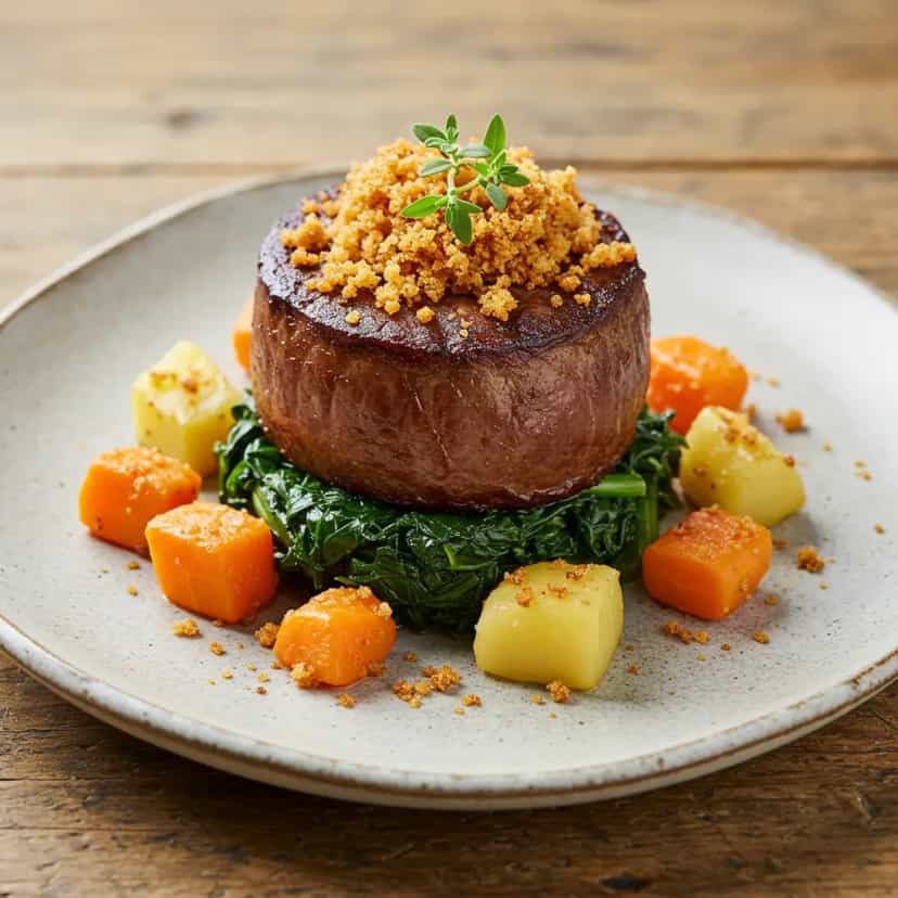 Foto deliciosa de Medalhão de Filé Mignon com Couve e Legumes pronta para servir - Carnes & Frango