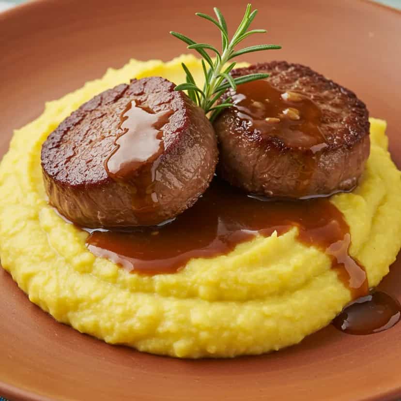 Foto deliciosa de Medalhões de Filé Mignon ao Molho de Mostarda com Purê de Mandioquinha pronta para servir - Carnes & Frango