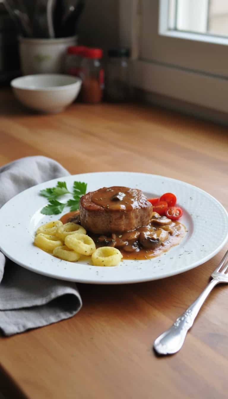 Foto deliciosa de Medalhões de Filé Mignon ao Molho Madeira com Flor de Batata pronta para servir - Carnes & Frango