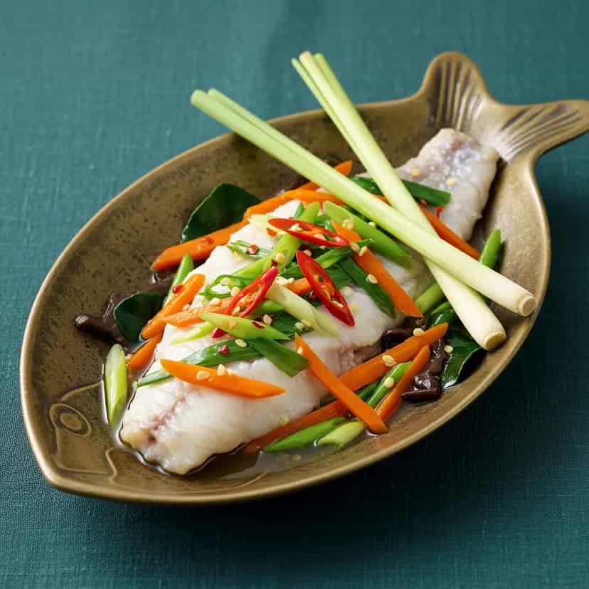 Foto deliciosa de Merluza ao Vapor com Vermicelli e Legumes pronta para servir - Peixes & Frutos do Mar