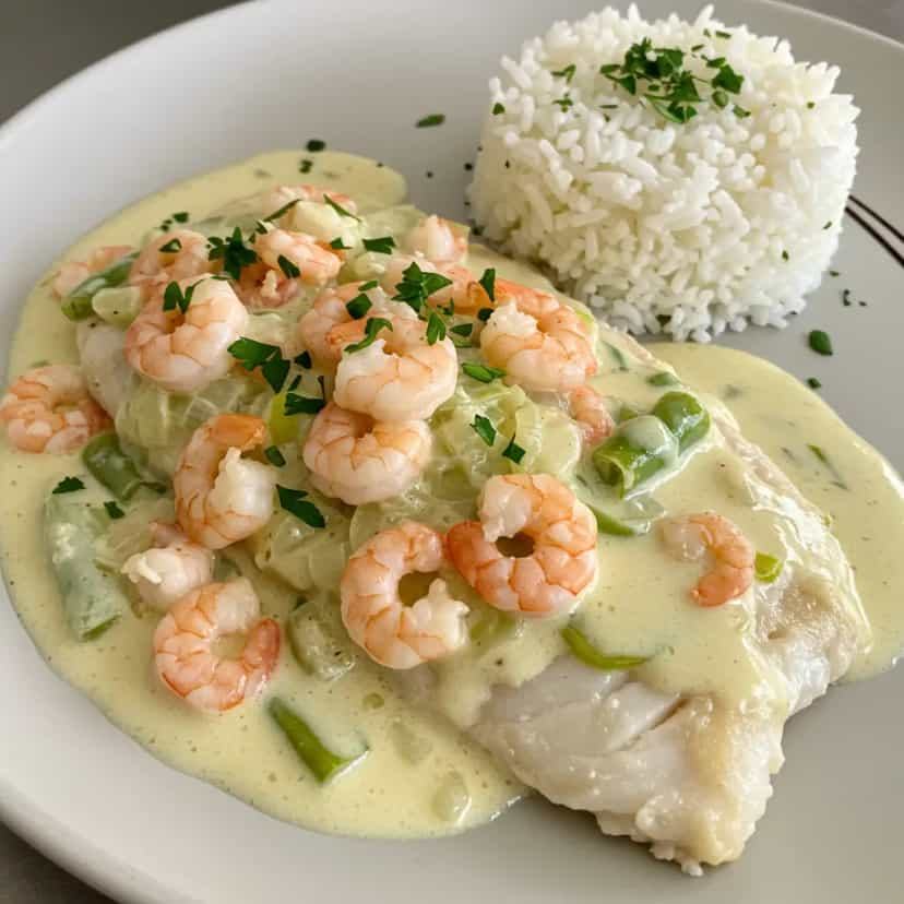 Foto deliciosa de Molho de Camarão com Filé de Robalo ao Vinho Branco pronta para servir - Peixes & Frutos do Mar