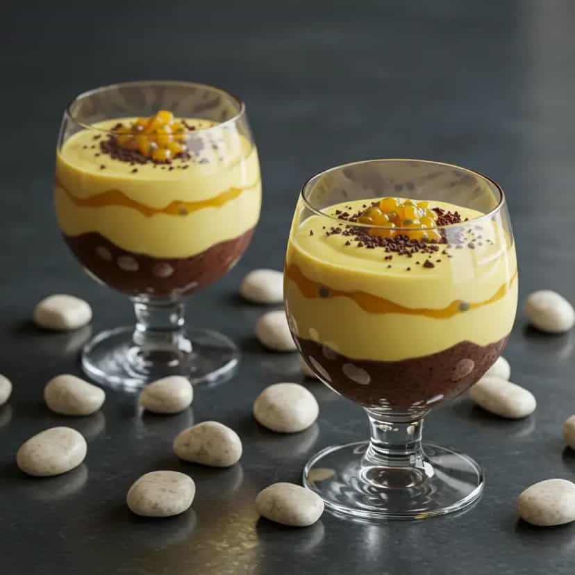 Foto deliciosa de Mousse de Maracujá com Trufas de Chocolate pronta para servir - Pudins & Cremes