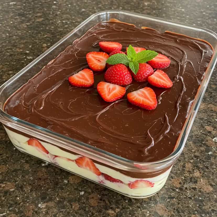 Foto deliciosa de Mousse de Morango com Ganache de Chocolate Meio Amargo pronta para servir - Pudins & Cremes